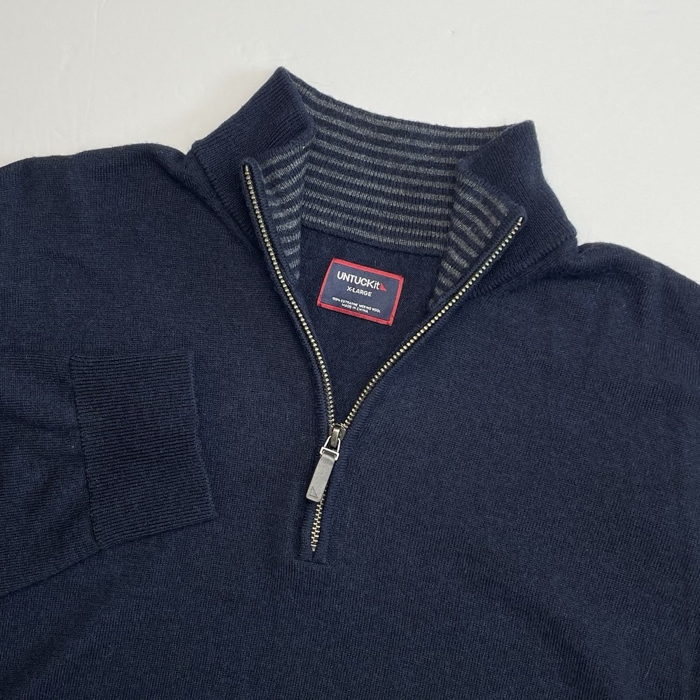 UNTUCKit Quarter Zip Belguardo Sweater Mens XL Navy 100% Extra Fine Merino Wool